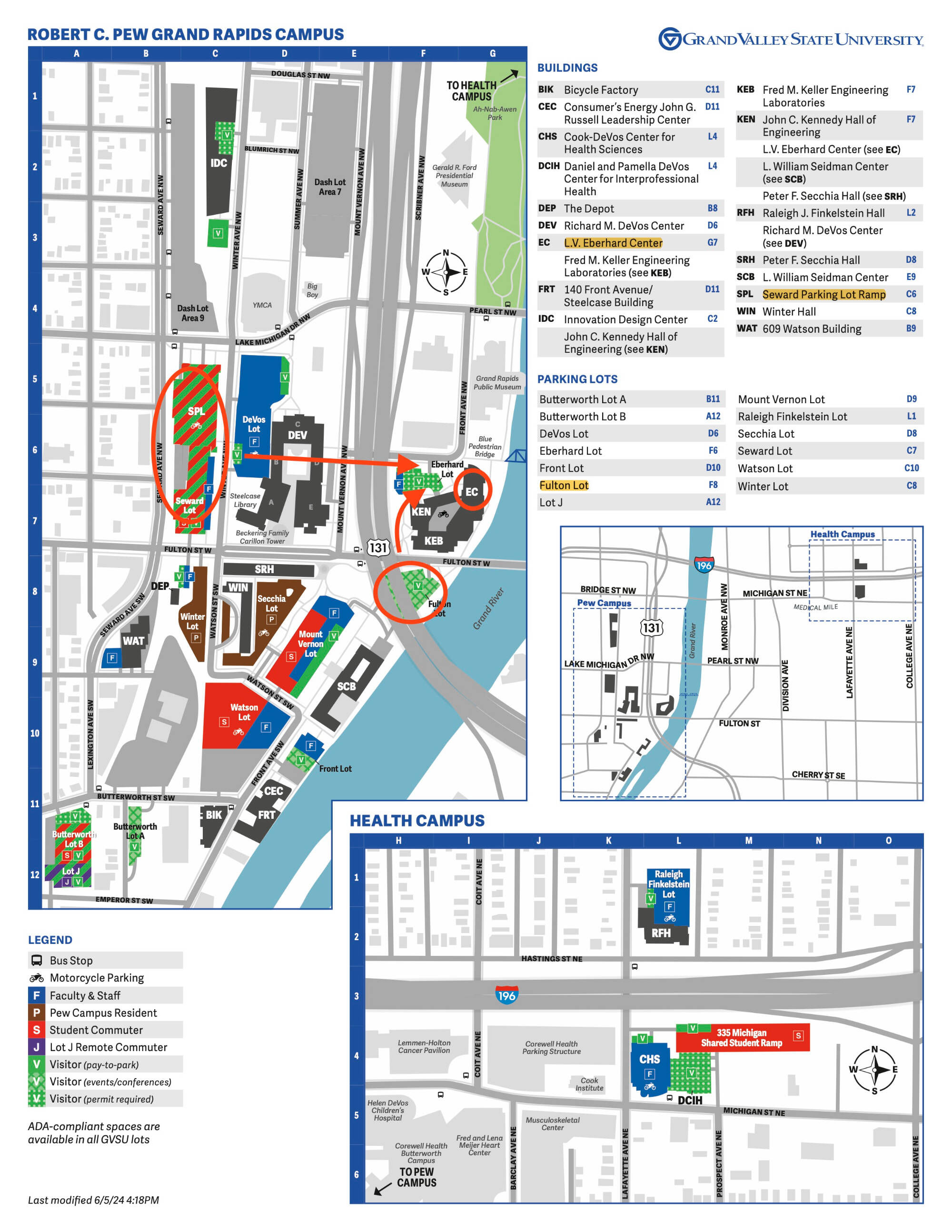 Map of GVSU City Campus with the Seward Parking Ramp and the Fulton Lot circled and arrows between them and the Eberhard Center.